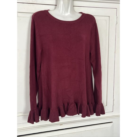 DG2 Diane Gilman Sweater Maroon Ruffle Sleeve & Hem Burgundy Large - Picture 2 of 5